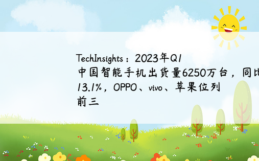 TechInsights：2023年Q1中国智能手机出货量6250万台，同比下降13.1%，OPPO、vivo、苹果位列前三